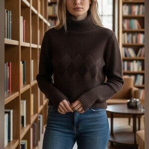 Sarah Pacini Argyle Wool Mohair Brown Turtleneck Sweater